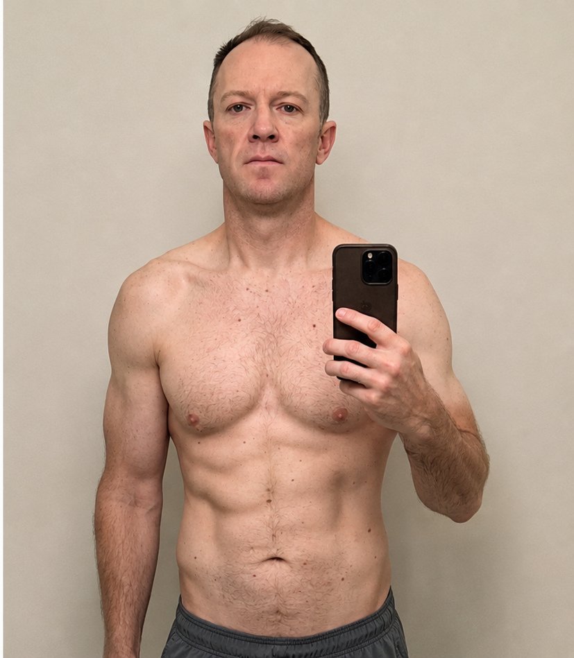 Fit man taking shirtless mirror selfie with defined abdominal muscles