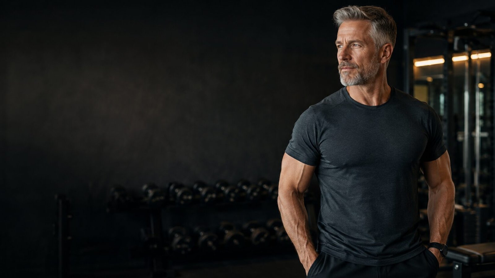Fit grey haired man standing confidently inside dark modern gym