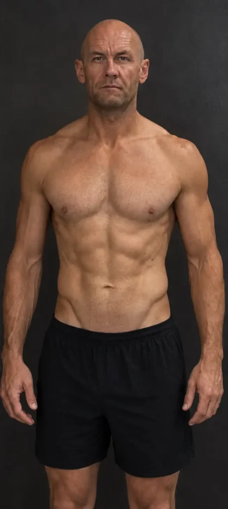 Lean bald man standing shirtless against dark studio background